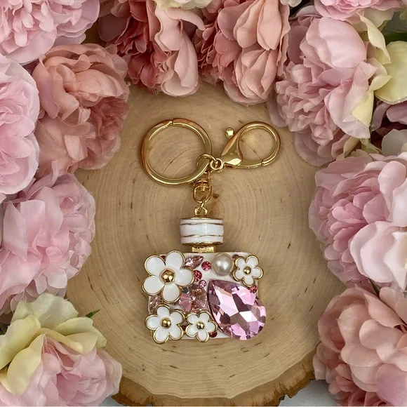 Pink Crystal Flower Perfume Bottle Keychain Charm - Picture 9 of 16